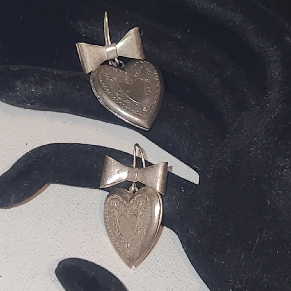 Vintage Heart Locket Earrings Engraved‎ Bow Drop Silver Tone Romantic Jewelry